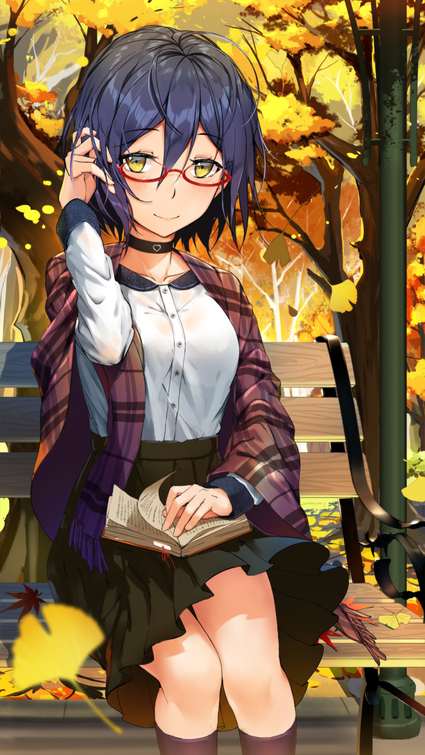 absurdres adjusting_eyewear autumn autumn_leaves bench black_choker black_hair black_skirt blue_hair blurry blush book breasts choker depth_of_field eyebrows_visible_through_hair highres kneehighs lamppost leaf looking_at_viewer lu" maple_leaf medium_hair nijisanji outdoors park park_bench red-framed_eyewear shawl shirt shizuka_rin skirt smile solo tree virtual_youtuber white_shirt wind yellow_eyes