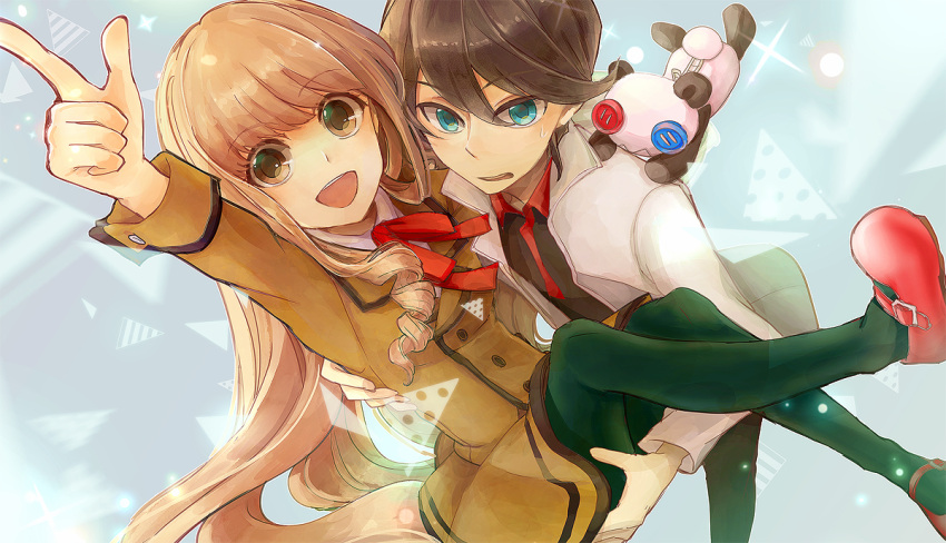 1boy 1girl amrta bad_link black_shirt blue_background blue_eyes brown_coat brown_dress brown_eyes brown_hair carrying coat dress drill_hair drill_sidelocks from_above green_pantyhose hetero jacket kaishou_rie long_hair long_sleeves looking_at_viewer mary_janes pantyhose pointing pointing_up princess_carry red_footwear red_ribbon ribbon sasa_kazamori shirt shoes short_hair sidelocks stuffed_animal stuffed_panda stuffed_toy sweatdrop un-go very_long_hair white_jacket white_shirt yuuki_shinjuurou