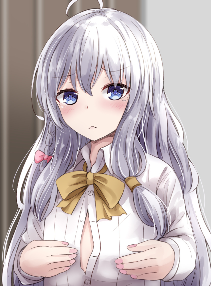 1girl :c absurdres ahoge blue_eyes blurry blurry_background blush bow braid closed_mouth collared_shirt commentary dress_shirt elaina_(majo_no_tabitabi) eyes_visible_through_hair fingernails flat_chest frown grabbing_own_breast grey_hair hair_between_eyes hair_bow highres impossible_clothes indoors izuminomitsuba long_hair long_sleeves looking_at_viewer low-tied_long_hair majo_no_tabitabi partially_unbuttoned pink_bow sad shirt sidelocks single_braid solo straight_hair tears tsurime upper_body white_shirt yellow_bow