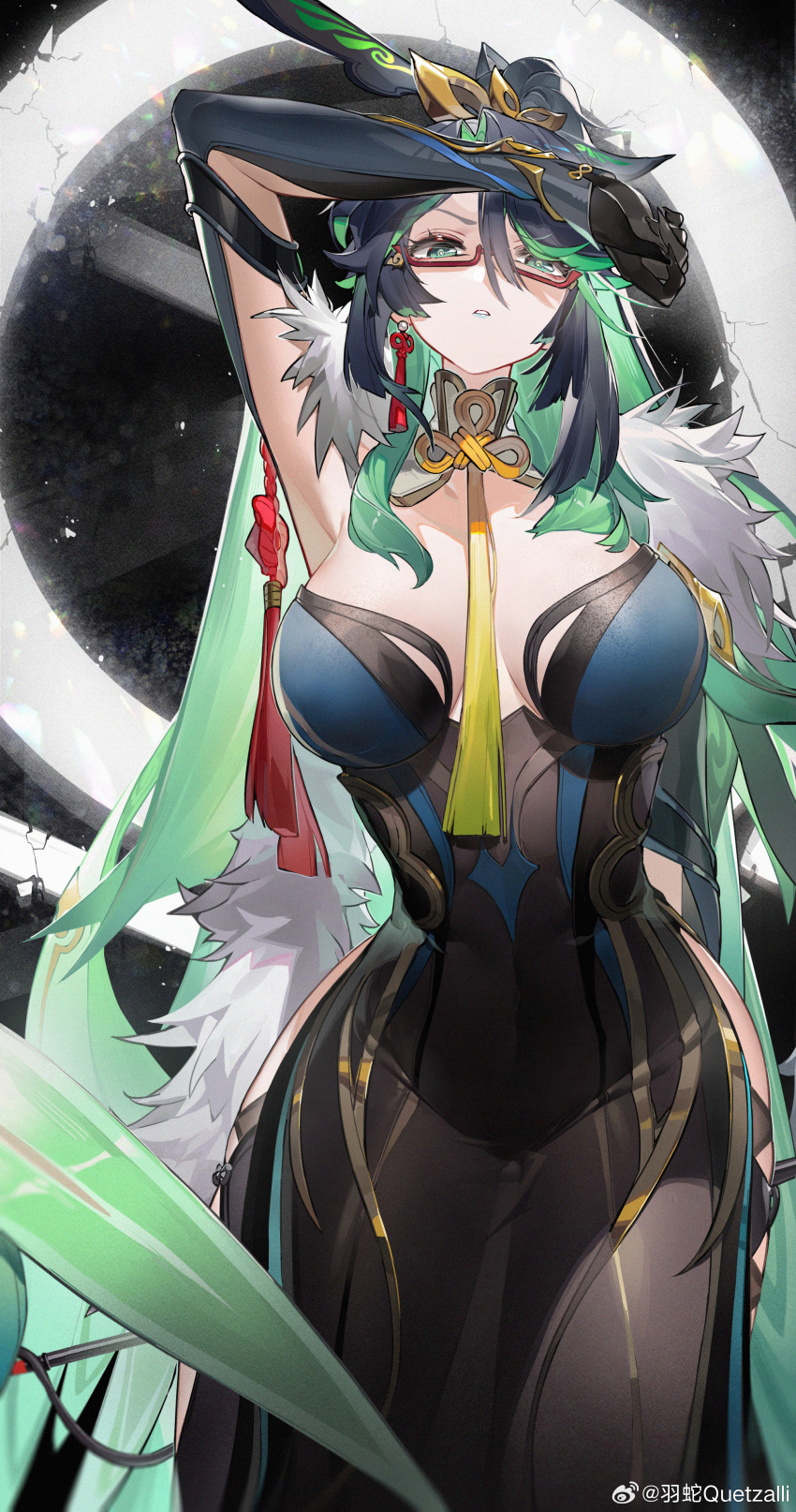 1girl absurdres adapted_costume aqua_eyes aqua_lips black_hair breasts chinese_hairpin cloud_retainer_(genshin_impact) colored_inner_hair earrings genshin_impact glasses gloves green_hair hair_ornament highres jewelry large_breasts long_hair long_sleeves looking_at_viewer multicolored_hair red-framed_eyewear semi-rimless_eyewear solo tassel tassel_earrings tassel_hair_ornament two-tone_hair very_long_hair xianyun_(genshin_impact) yushe_quetzalli