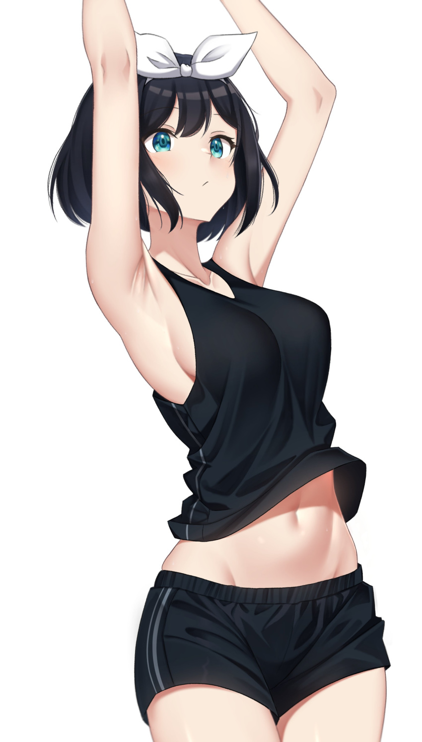 1girl :/ absurdres armpits arms_up black_hair black_shorts black_tank_top bow bow_hairband breasts closed_mouth double-parted_bangs green_eyes groin hair_between_eyes hairband highres large_breasts light_blush looking_up navel original short_hair short_shorts shorts sideboob simple_background solo tank_top white_background white_bow white_hairband zero0ex