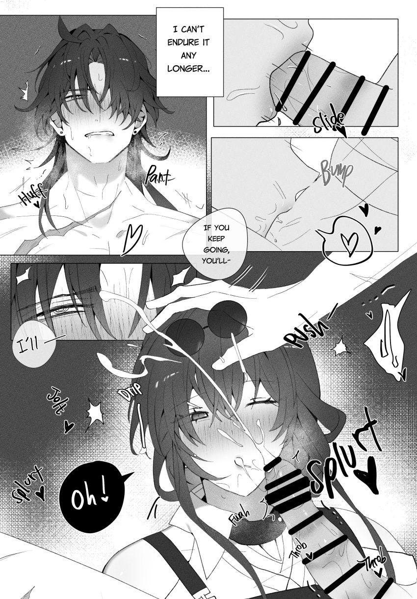 1boy 1girl absurdres bandages bar_censor biting_own_lip blade_(honkai:_star_rail) blush censored chest_harness clothed_female_nude_male cum ejaculation eyewear_on_head fellatio greyscale harness heart hetero highres honkai:_star_rail honkai_(series) kafka_(honkai:_star_rail) moaning monochrome nude oral penis rolling_eyes scar sgrimp sound_effects speech_bubble sweat trembling twitching