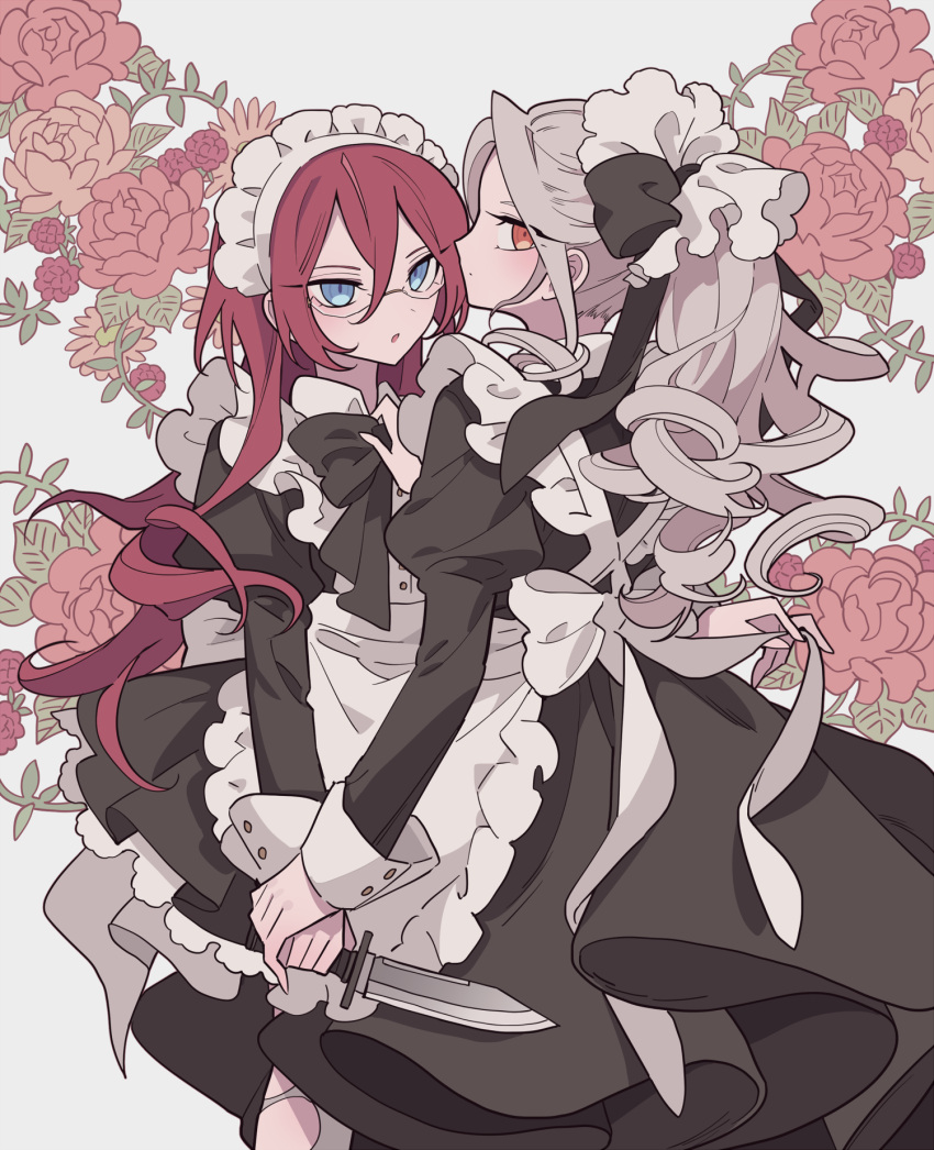 2girls adam_(ensemble_stars!) alternate_costume apron black_dress blue_eyes closed_mouth dress enmaided ensemble_stars! floral_background flower frilled_apron frills genderswap genderswap_(mtf) grey_hair hair_between_eyes highres holding holding_knife juliet_sleeves knife long_hair long_sleeves looking_at_another looking_at_viewer looking_back maid maid_apron maid_headdress meremero multiple_girls ponytail profile puffy_sleeves ran_nagisa red_flower red_hair red_rose rose saegusa_ibara standing white_apron