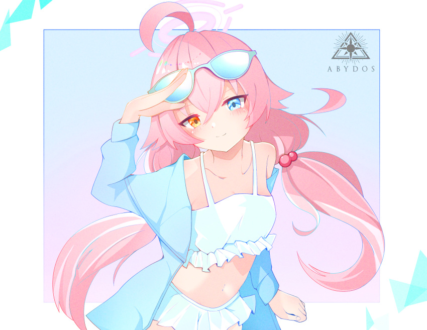 bikini bikini_skirt blue_archive blue_eyes blue_jacket blush eyewear_on_head frilled_bikini frills hair_between_eyes hair_bobbles hair_ornament halo hand_up heterochromia highres hoshino_(blue_archive) hoshino_(swimsuit)_(blue_archive) jacket long_hair midriff navel off_shoulder open_clothes open_jacket orange_eyes pink_hair pink_halo ritarittaaa salute single_bare_shoulder smile sunglasses swimsuit twintails very_long_hair white_bikini