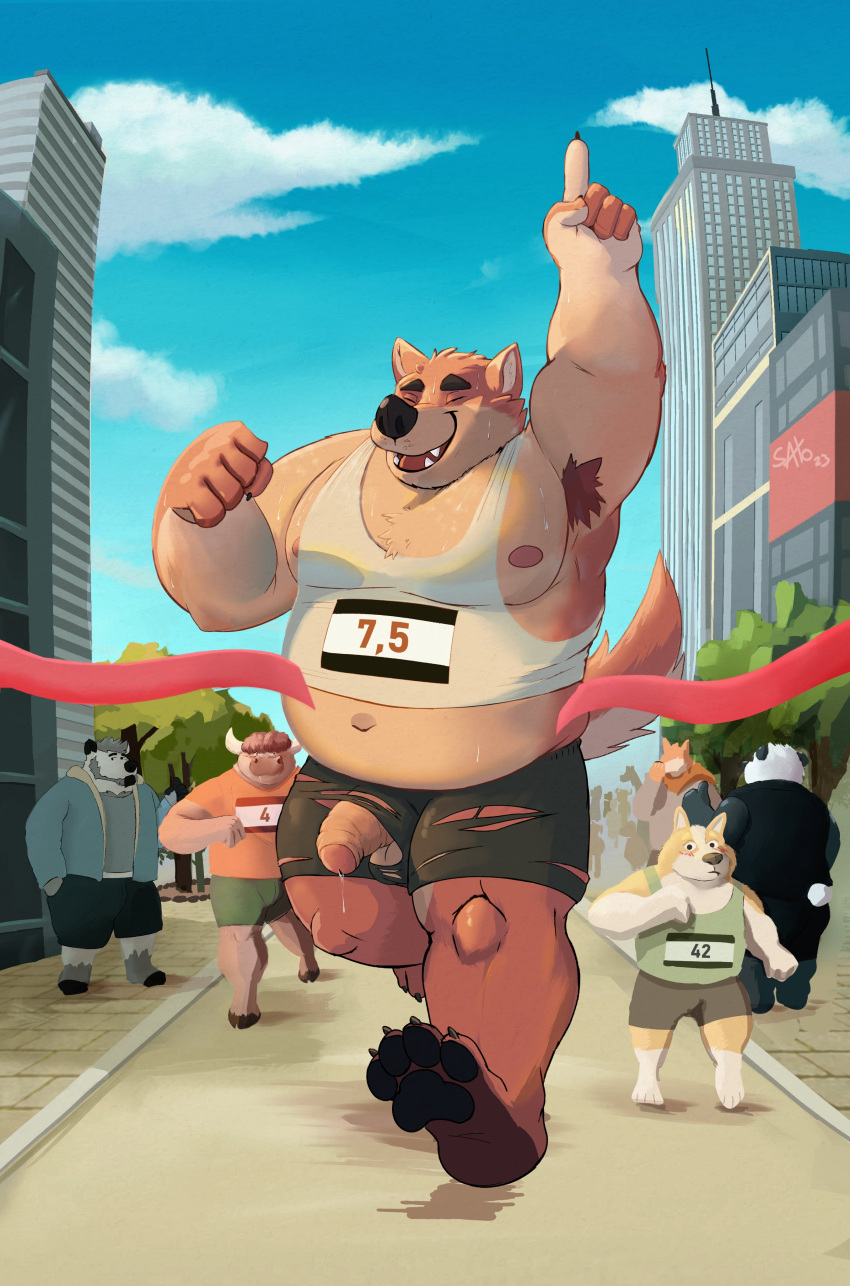 2024 absurd_res anthro armpit_hair bear belly big_belly bodily_fluids body_hair bottomwear bovid bovine brown_body building canid canine canis cattle clothing domestic_dog eyes_closed genital_fluids genitals giant_panda group hi_res male mammal moobs nipples outside overweight overweight_male penis plant precum sato_afroleone shirt shorts topwear tree walking
