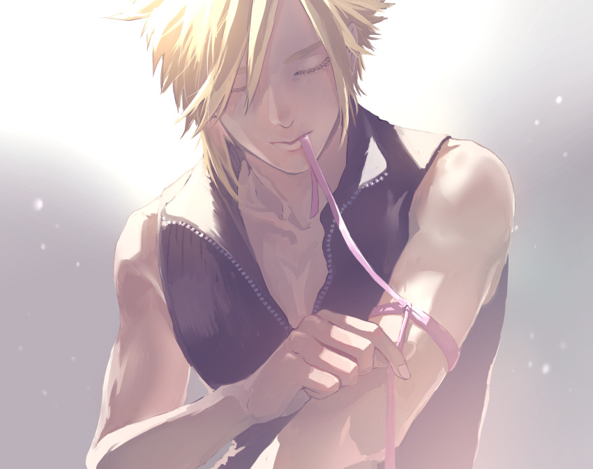 1boy black_shirt blonde_hair closed_eyes closed_mouth cloud_strife colored_eyelashes commentary_request demi_co eyelashes final_fantasy final_fantasy_vii final_fantasy_vii_advent_children highres holding male_focus ribbon shirt short_hair simple_background spiked_hair tying upper_body zipper