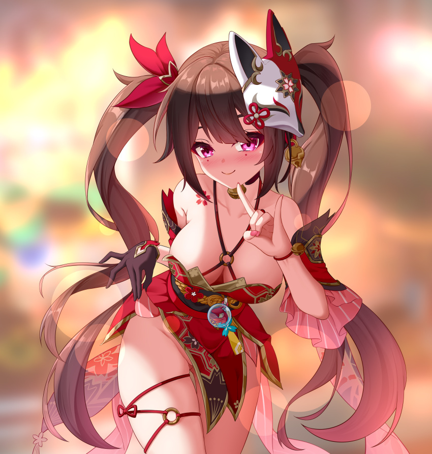 1girl absurdres bare_shoulders black_gloves bow breasts brown_hair cleavage closed_mouth collarbone commentary_request contrapposto cowboy_shot criss-cross_halter denfunsan dress finger_to_mouth fox_mask fox_shadow_puppet gloves hair_bow halterneck highres honkai:_star_rail honkai_(series) large_breasts legs_together lifted_by_self long_hair looking_at_viewer mask mask_on_head no_panties o-ring partial_commentary pelvic_curtain pink_eyes red_bow red_dress short_dress sidelocks single_glove sleeveless sleeveless_dress smile solo sparkle_(honkai:_star_rail) thigh_gap thighs twintails