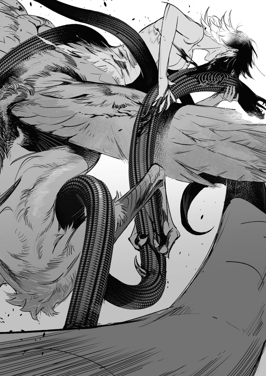 1girl absurdres battle biting blood body_fur centauroid chimera completely_nude dragon_girl dragon_tail dungeon_meshi falin_thorden feathered_wings from_side greyscale highres monochrome monster_girl niello5 nude shaded_face short_hair sketch smirk snake spoilers tail taur wings