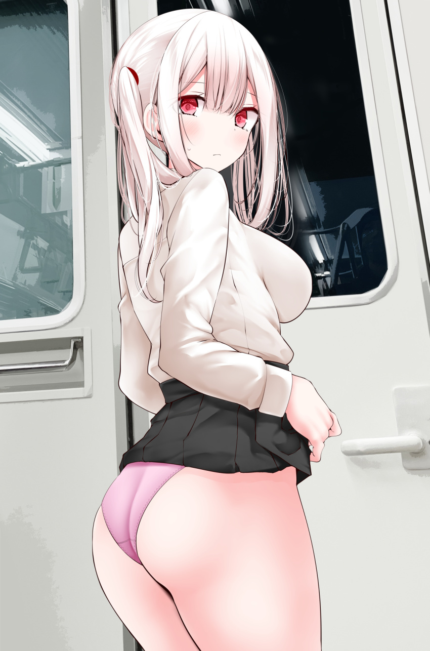 1girl ass black_skirt blush breasts closed_mouth commentary_request cowboy_shot highres large_breasts long_sleeves looking_at_viewer looking_back oouso original panties pink_panties pleated_skirt red_eyes shirt skirt skirt_hold solo thighs train_interior twintails underwear white_hair white_shirt