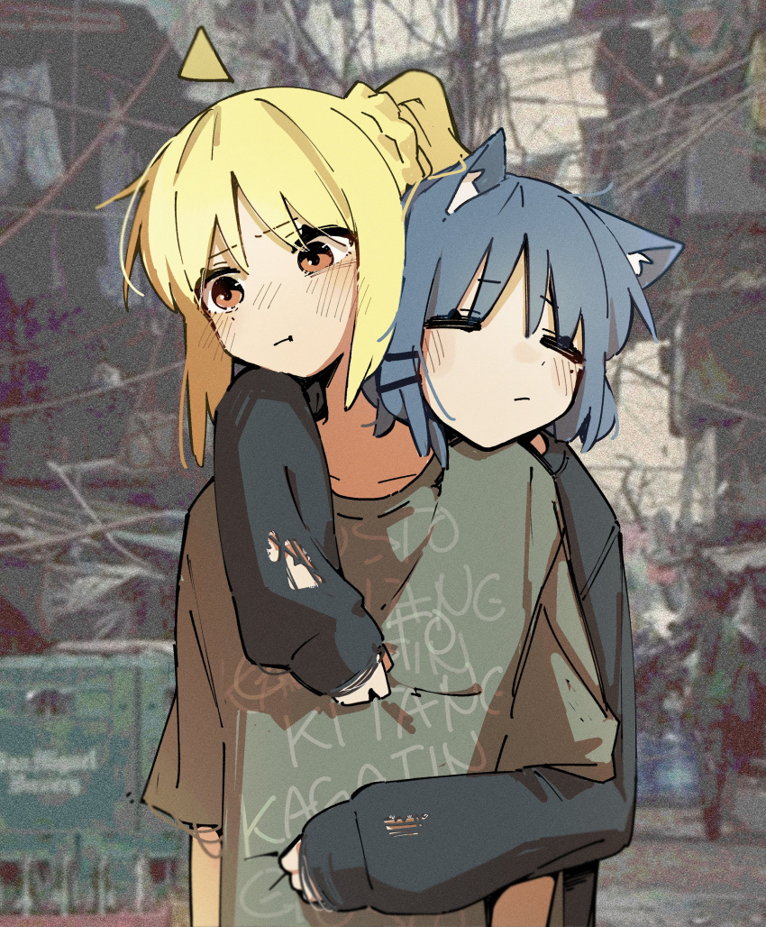 2girls absurdres ahoge alternate_costume animal_ears blonde_hair blue_hair blush bocchi_the_rock! cat_ears cat_girl clinging closed_eyes detached_ahoge english_text highres long_hair long_sleeves machuuu68 mole mole_under_eye multiple_girls ponytail red_eyes side_ponytail torn_clothes