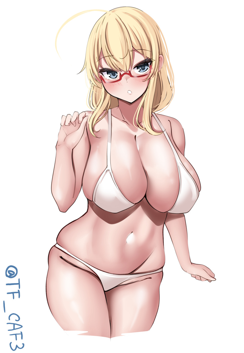 1girl alternate_costume bikini blonde_hair blue_eyes blush breasts collarbone cowboy_shot glasses highres i-8_(kancolle) kantai_collection large_breasts looking_at_viewer medium_hair red-framed_eyewear semi-rimless_eyewear simple_background solo swimsuit tf_cafe twitter_username under-rim_eyewear white_background white_bikini