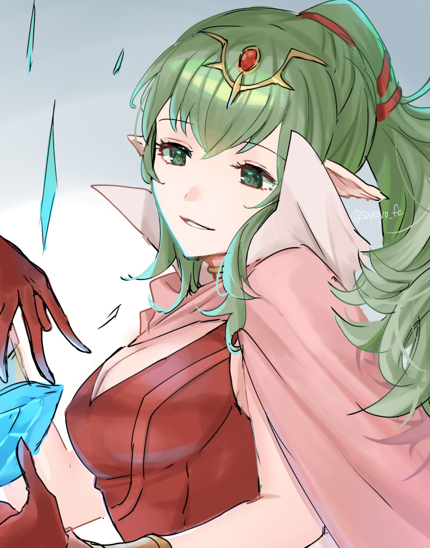 1girl absurdres bracelet breasts cape cleavage commentary_request dragonstone dress fire_emblem fire_emblem_awakening floating floating_object gloves green_eyes green_hair grey_background grin hair_ornament head_tilt high_collar highres jewelry long_hair pink_cape pointy_ears ponytail red_dress red_gloves sakura_no_yoru sidelocks simple_background sleeveless sleeveless_dress smile solo tiki_(adult)_(fire_emblem) tiki_(fire_emblem) twitter_username