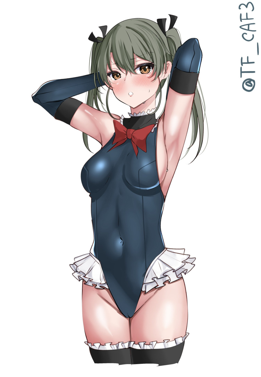 1girl bare_shoulders black_ribbon blue_one-piece_swimsuit blue_sleeves blue_thighhighs blush casual_one-piece_swimsuit collar cosplay covered_navel elbow_gloves frilled_collar frilled_leotard frilled_one-piece_swimsuit frilled_thighhighs frills gloves grey_hair hair_ribbon highleg highleg_swimsuit highres kantai_collection leotard long_hair looking_at_viewer marie_rose marie_rose_(cosplay) one-piece_swimsuit ribbon shiny_clothes solo swimsuit tf_cafe thighhighs twintails twitter_username white_background zuikaku_(kancolle)