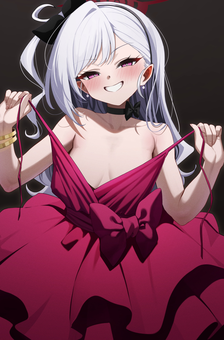 1girl absurdres bare_shoulders black_background black_choker blue_archive blush bow bracelet breasts choker collarbone cowboy_shot dress earrings flower frills grey_hair grin hair_bow hair_ornament hair_ribbon hairband halo highres holding jewelry long_hair looking_at_viewer mesugaki mutsuki_(blue_archive) mutsuki_(dress)_(blue_archive) official_alternate_costume open_mouth pointy_ears purple_eyes ramanda red_dress red_halo ribbon simple_background sleeveless sleeveless_dress small_breasts smile solo teeth wavy_ends white_hair