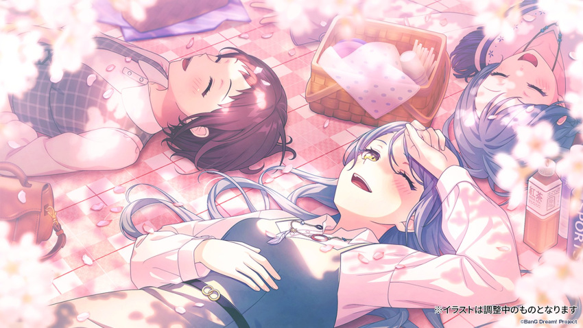 3girls ^_^ aqua_hair bang_dream! basket blue_dress blurry blush bottle braid brown_bag brown_hair cherry_blossoms closed_eyes collared_shirt commentary_request copyright_name depth_of_field dress falling_petals green_eyes grey_vest hair_between_eyes hazawa_tsugumi highres hikawa_hina hikawa_sayo jewelry long_hair long_sleeves lying multiple_girls necklace official_art on_back one_eye_closed open_mouth outdoors petals shirt short_hair siblings side_braids teeth translation_request twins upper_teeth_only vest white_shirt