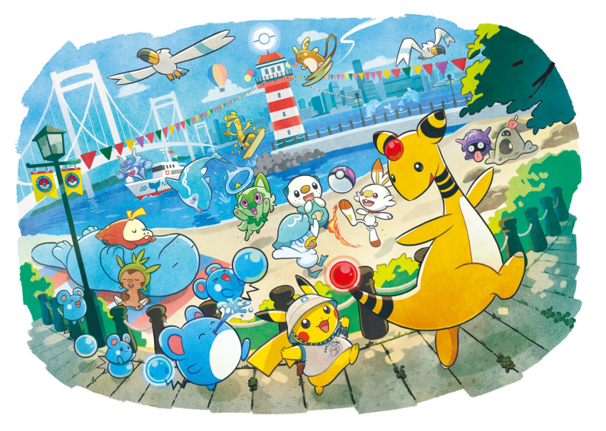 :d aircraft alolan_raichu ampharos azurill bush chespin clothed_pokemon cloud commentary_request day fence finizen fuecoco gholdengo highres hot_air_balloon lighthouse looking_back marill no_humans official_art open_mouth oshawott outdoors palafin pier pikachu pokemon pokemon_(creature) quagsire quaxly sand sandygast scorbunny shellder shore sky smile sprigatito walking water wingull