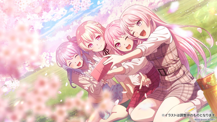 ^_^ bang_dream! bang_dream!_it's_mygo!!!!! black_ribbon blonde_hair blue_hair blue_skirt blurry blush bottle brown_cardigan brown_skirt cardigan cellphone cherry_blossoms chihaya_anon choker closed_eyes closed_mouth cloud collarbone commentary_request cup dappled_sunlight day depth_of_field disposable_cup dress dress_shirt dutch_angle earrings falling_petals fang finger_gun flower_earrings grass grey_dress grey_eyes hair_ribbon half_updo highres holding holding_phone jewelry long_hair long_sleeves maruyama_aya matsubara_kanon medium_hair neck_ribbon no_shoes official_art one_eye_closed one_side_up open_mouth outdoors petals phone pinafore_dress pink_eyes pink_hair plaid plaid_skirt red_choker red_skirt ribbon selfie shirasagi_chisato shirt short_hair skirt sleeveless sleeveless_dress sleeves_past_elbows smartphone socks sunlight translation_request v white_shirt white_socks