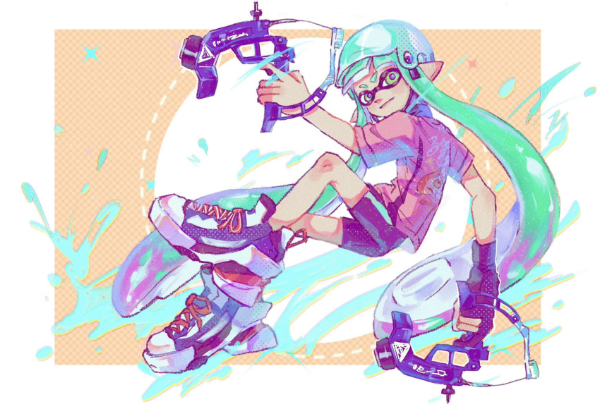 1girl aqua_hair aqua_headwear bike_shorts black_gloves black_shorts chinese_commentary closed_mouth dapple_dualies_(splatoon) full_body gloves green_eyes helmet highres inkling inkling_girl inkling_player_character long_hair partially_fingerless_gloves pink_shirt pointy_ears shirt shoelaces shoes short_sleeves shorts single_glove single_vertical_stripe solo splatoon_(series) suction_cups tentacle_hair thenintlichen96 very_long_hair