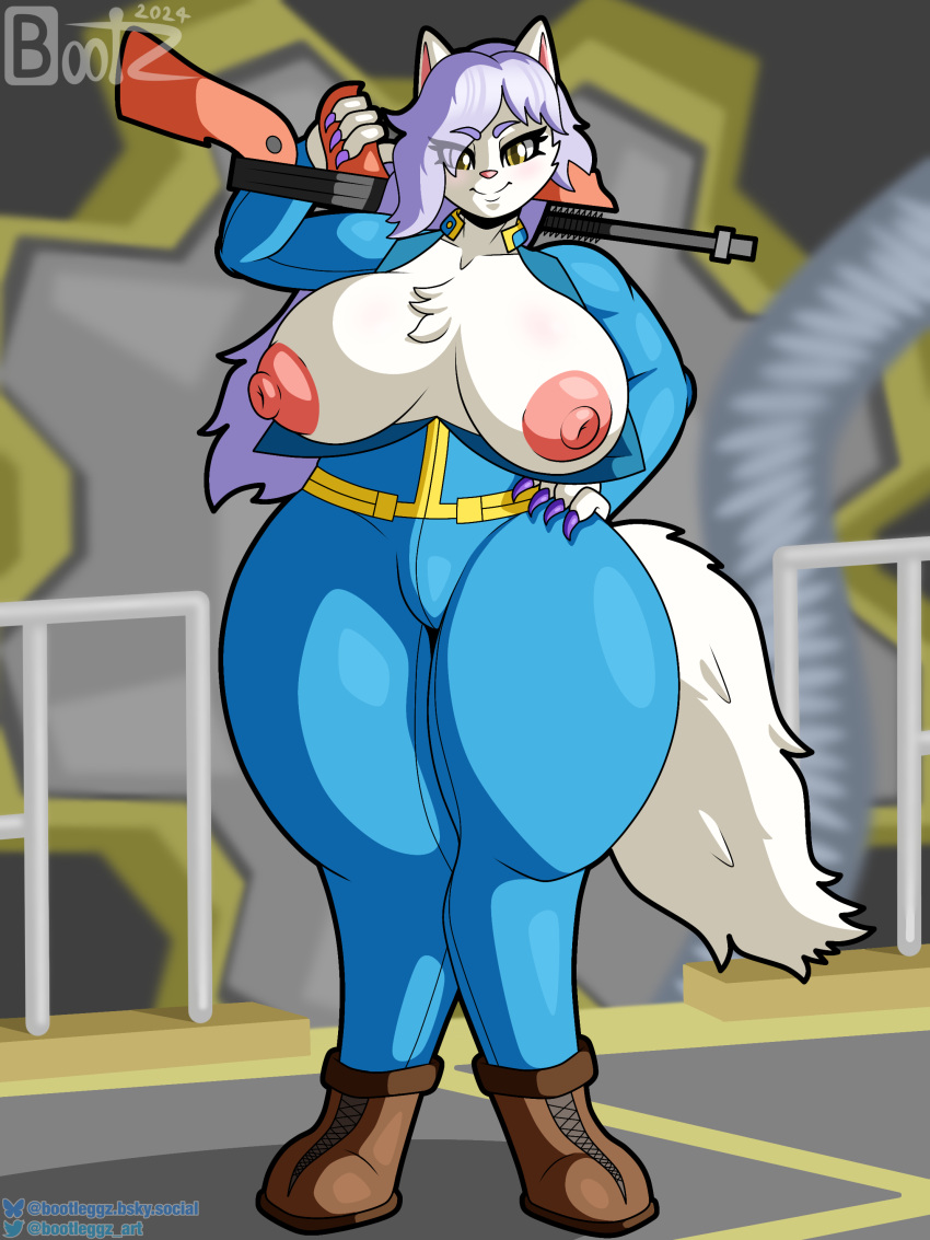 3:4 absurd_res anthro areola bethesda_softworks big_areola big_breasts blush bodysuit bootleggz boots breasts canid canine canis cel_shading claws clothed clothing detailed_background digital_media_(artwork) eyelashes fallout female fluffy fluffy_tail footwear fur glistening gun hair hand_on_hip hi_res holding_gun holding_object holding_ranged_weapon holding_weapon looking_at_viewer mammal nipples open_clothing open_suit puffy_areola purple_hair raine_silverlock ranged_weapon shaded signature skinsuit smile solo solo_focus tail thick_thighs tight_clothing tuft twokinds vault_suit weapon white_body white_fur wolf yellow_eyes