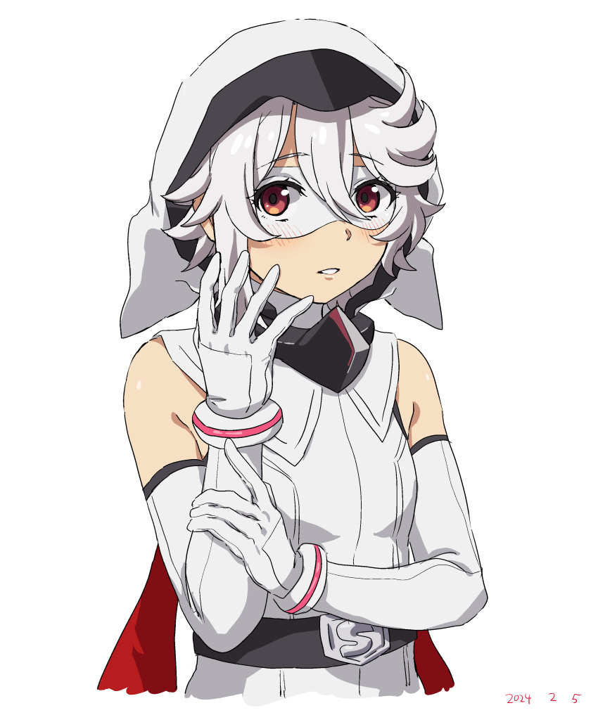 1girl absurdres bare_shoulders belt black_belt blush cropped_torso dated elbow_gloves eye_mask gloves grey_gloves grey_hair hair_between_eyes highres hood hood_up hooded_leotard red_eyes shy_(character) shy_(series) solo takatisakana teeth upper_body