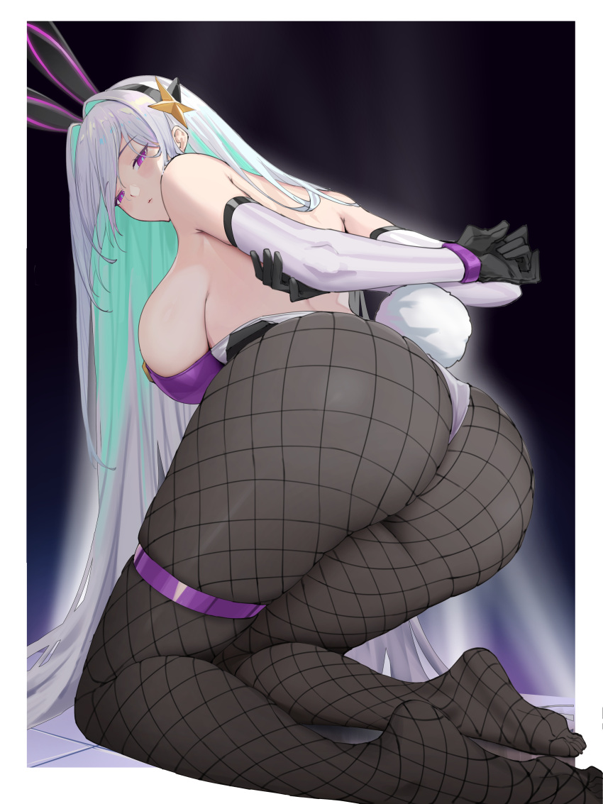 1girl absurdres animal_ears arms_behind_back ass azur_lane bare_shoulders black_gloves breasts fake_animal_ears fishnet_pantyhose fishnets genera-x gloves highres kearsarge_(all_night_charge)_(azur_lane) kearsarge_(azur_lane) large_breasts leotard long_hair looking_at_viewer looking_back multicolored_leotard official_alternate_costume pantyhose playboy_bunny purple_eyes strapless strapless_leotard two-tone_leotard very_long_hair white_hair white_leotard