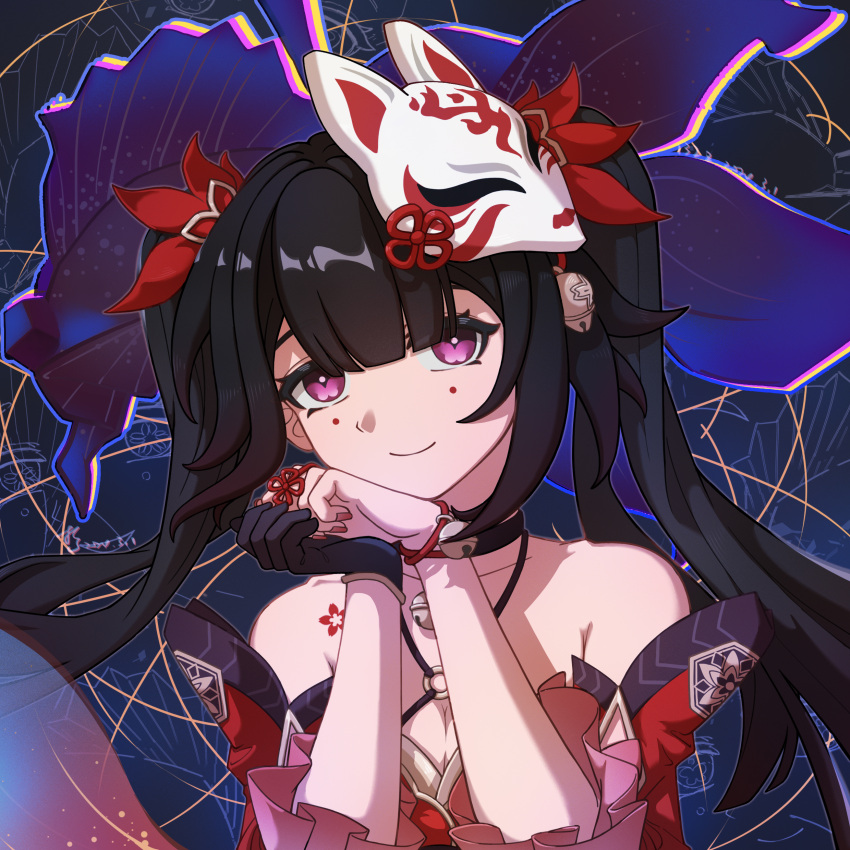 132z_(dddbzx) 1girl absurdres bare_shoulders bell black_choker black_gloves border bow breasts brown_hair choker cleavage closed_mouth collarbone criss-cross_halter dress fox_mask gloves hair_bow halterneck highres honkai:_star_rail honkai_(series) long_hair looking_at_viewer mask mask_on_head nail_polish neck_bell o-ring own_hands_together pink_eyes portrait red_bow red_dress red_nails sidelocks single_glove sleeveless sleeveless_dress smile solo sparkle_(honkai:_star_rail) twintails