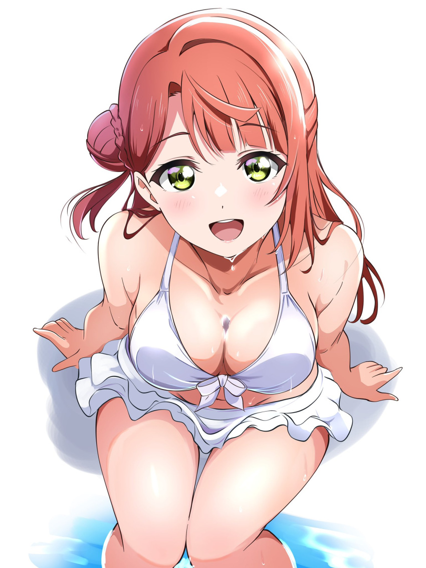 1girl bare_shoulders bikini blunt_bangs blush borgbutler braid braided_bun breasts cleavage collarbone commentary_request frilled_bikini frills front-tie_top hair_bun half_updo highres long_hair looking_at_viewer love_live! love_live!_nijigasaki_high_school_idol_club medium_breasts navel open_mouth orange_hair round_teeth shadow simple_background single_side_bun sitting smile solo swept_bangs swimsuit teeth thighs tongue uehara_ayumu upper_teeth_only water water_drop wet wet_clothes wet_hair wet_swimsuit white_background white_bikini yellow_eyes