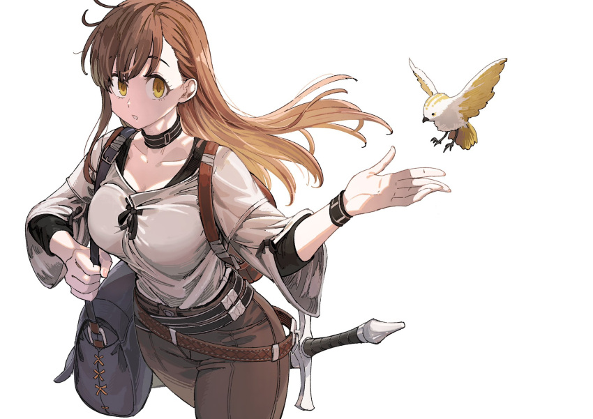 1girl bag bird bracelet brown_hair brown_pants choker highres jewelry jun_(navigavi) long_hair longsword_(navigavi) looking_to_the_side messenger_bag original pants shoulder_bag solo sword tank_top weapon white_background yellow_eyes