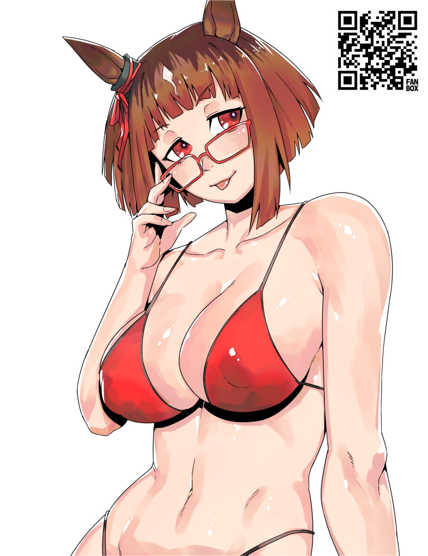 1girl absurdres alternate_costume bare_shoulders bikini blush breasts brown_hair cleavage closed_mouth commentary_request ear_ornament glasses hair_between_eyes highres large_breasts minew multicolored_hair navel qr_code red-framed_eyewear red_bikini red_eyes short_hair simple_background smile solo streaked_hair swimsuit tongue tongue_out transcend_(umamusume) umamusume white_background white_hair