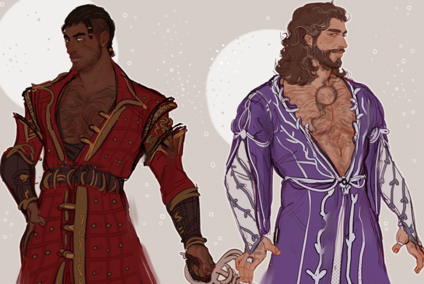 2boys baldur's_gate baldur's_gate_3 bara bare_pectorals beard black_hair brambeag cowboy_shot dark_skin dungeons_and_dragons facial_hair full_beard gale_(baldur's_gate) hairy large_pectorals magician male_focus mature_male multiple_boys muscular muscular_male pectorals side-by-side sparse_chest_hair standing tav_(baldur's_gate_3) thick_eyebrows very_dark_skin very_hairy