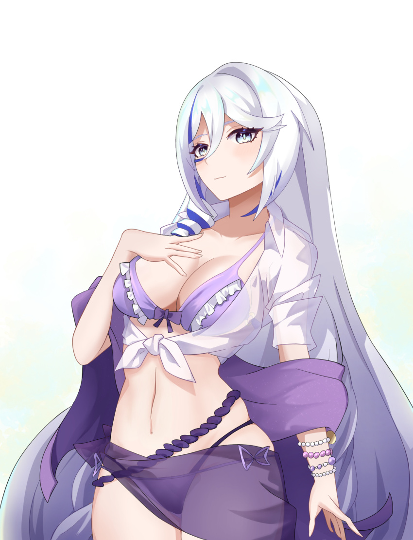 1girl bikini blue_eyes breasts cleavage closed_mouth english_commentary frilled_bikini frills hare_(honkai_impact) highres honkai_(series) honkai_impact_3rd large_breasts long_hair looking_at_viewer navel purple_bikini shirt simple_background smile solo stomach swimsuit very_long_hair west_(user_frmf8438) white_background white_hair white_shirt