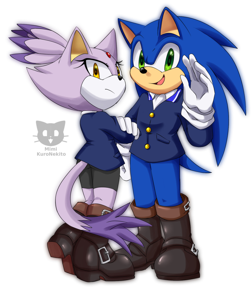 1boy 1girl animal_ears bike_shorts blaze_the_cat blue_fur blue_jacket boots cat_ears cat_girl cat_tail crossed_arms forehead_jewel furry furry_female furry_male gloves green_eyes highres jacket looking_at_viewer mikune19 ponytail signature simple_background sonic_(series) sonic_the_hedgehog tail white_background white_gloves yellow_eyes