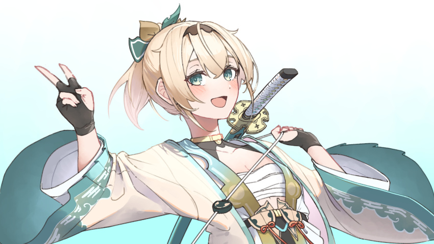 1girl :d absurdres black_gloves blonde_hair blue_background blue_bow blue_eyes blush bow breasts chest_sarashi cleavage dot_nose fingerless_gloves gloves gradient_background hair_bow hand_up haori highres hitoderou hololive jacket japanese_clothes katana kazama_iroha long_sleeves looking_at_viewer open_clothes open_jacket open_mouth sarashi short_hair short_ponytail simple_background small_breasts smile solo stomach sword sword_on_back upper_body v virtual_youtuber weapon weapon_on_back white_background white_jacket wide_sleeves