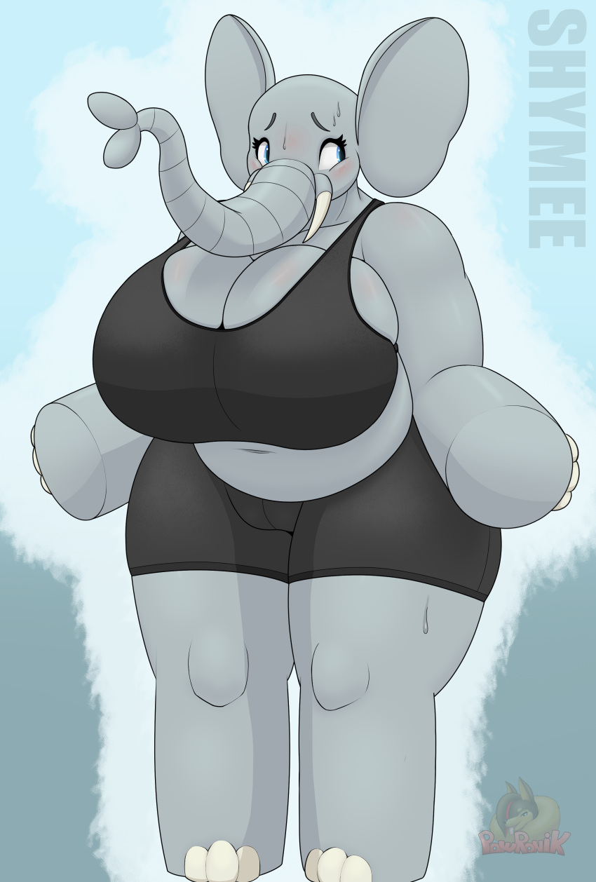 absurd_res anthro belly big_belly big_breasts big_ears big_feet big_hands black_clothing black_shirt black_tank_top black_topwear blue_eyes blush blush_lines bodily_fluids body_blush bottomwear breasts butt camel_toe clothed clothing deep_navel elephant elephant_toe_hands elephant_toes elephantid feet female fingerless grey_body hairless hi_res hotpants huge_breasts larger_female looking_away mammal mouthless nails navel nervous nervous_expression nervous_sweat overweight overweight_anthro overweight_female pawronik pawronik_(oc) proboscidean proboscis_(anatomy) shirt shorts shy simple_background size_difference slightly_chubby slightly_chubby_female solo sweat sweaty_face tall tank_top text thick_arms thick_thighs tight_clothing topwear trunk trunk_(anatomy) tusks wide_hips