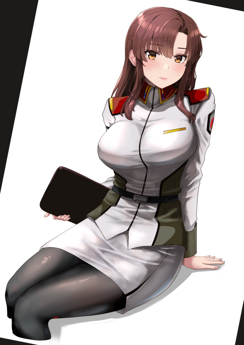 1girl black_pantyhose blush breasts brown_eyes brown_hair clipboard gundam gundam_seed highres jouzaburou_(joe3) large_breasts lipstick long_hair makeup military military_uniform murrue_ramius pantyhose sitting smile solo uniform