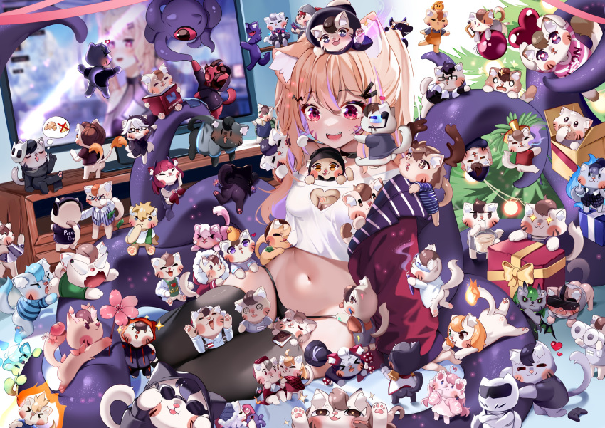 1girl 6+others absurdres alheitrakzoth animal_ear_fluff animal_ears black_panties black_thighhighs blonde_hair book box breasts cat cat_ears cat_tail christmas_tree clothing_cutout cropped_shirt facial_mark gift gift_box heart_cutout highres indie_virtual_youtuber indoors jacket long_hair multiple_others navel open_book open_clothes open_jacket open_mouth panties red_eyes shyrei_faolan sitting small_breasts squchan tail television tentacles thighhighs too_many too_many_cats underwear virtual_youtuber whisker_markings