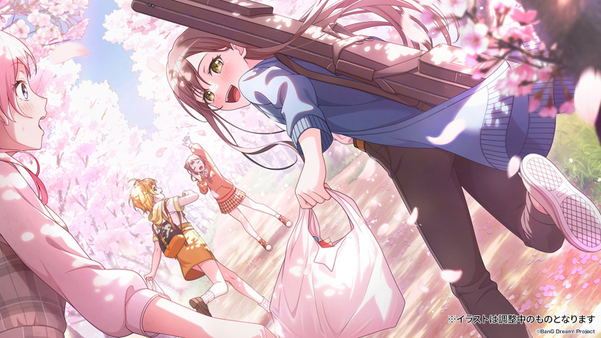 4girls ^_^ ahoge arm_up backpack bag bang_dream! bang_dream!_it's_mygo!!!!! black_pants blonde_hair blue_jacket blush brown_hair brown_skirt cherry_blossoms chihaya_anon closed_eyes commentary_request dappled_sunlight detached_sleeves dress dutch_angle falling_petals floating_hair green_eyes grey_dress grey_eyes hanazono_tae highres hood hoodie jacket long_hair long_sleeves looking_at_another multiple_girls official_art open_clothes open_jacket open_mouth orange_hoodie orange_skirt outdoors pants petals pinafore_dress pink_hair plaid plaid_skirt running sato_masuki shirt short_hair skirt sleeveless sleeveless_dress sleeves_past_elbows sunlight teeth translation_request two_side_up upper_teeth_only waving white_shirt