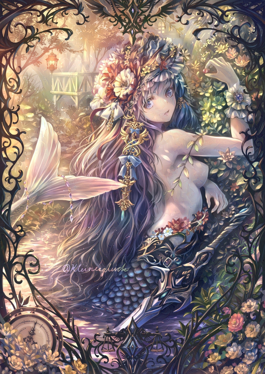1girl border breasts commentary completion_time fins fish_tail flower from_behind glaze_artifacts grey_eyes grey_hair hair_flower hair_ornament hand_up hanging_lantern highres jewelry lantern long_hair looking_back making-of_available medium_breasts mermaid monster_girl open_mouth original ornate_border outdoors purple_eyes purple_hair solo soraizumi sunrise sunset sword tail topless treehouse twitter_username very_long_hair water wavy_hair weapon