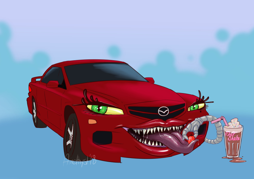 amethystlongcat beauty_mark candy car chocolate dire_machine eyelashes food fruit green_eyes grille hi_res lady(moozdamilfshake) lips living_machine machine mazda mechadendrites milkshake not_furry sedan slit_pupils smile spoiler strawberry teeth tires tongue tongue_out vehicle