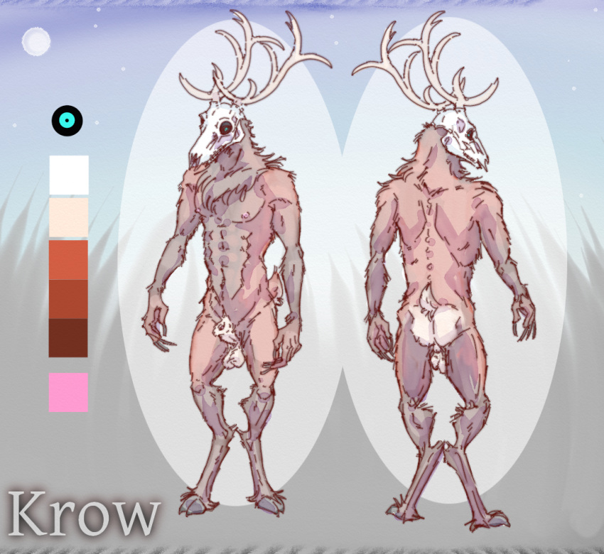 animal_genitalia animal_penis anthro antlers balls bone brown_body brown_fur butt deer digital_media_(artwork) fur genitals hooves horn humanoid lavilovi male mammal model_sheet monster nipples nude penis sheath skull skull_head solo standing tail