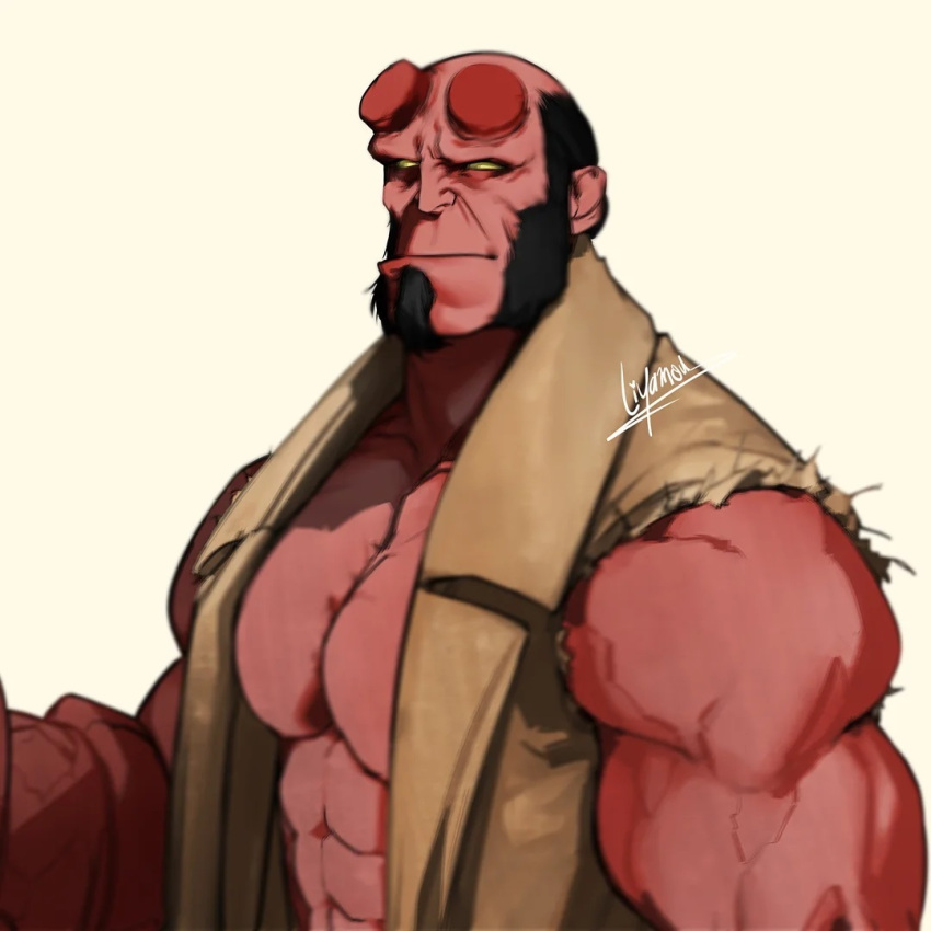 1boy abs bald_spot bara bare_pectorals black_hair broken_horn coat colored_skin demon_boy frown hellboy hellboy_(comic) horns large_pectorals liyamou male_focus monster_boy muscular muscular_male pectorals red_skin short_hair sideburns solo thick_arms torn_clothes torn_sleeves upper_body wrinkled_skin yellow_eyes