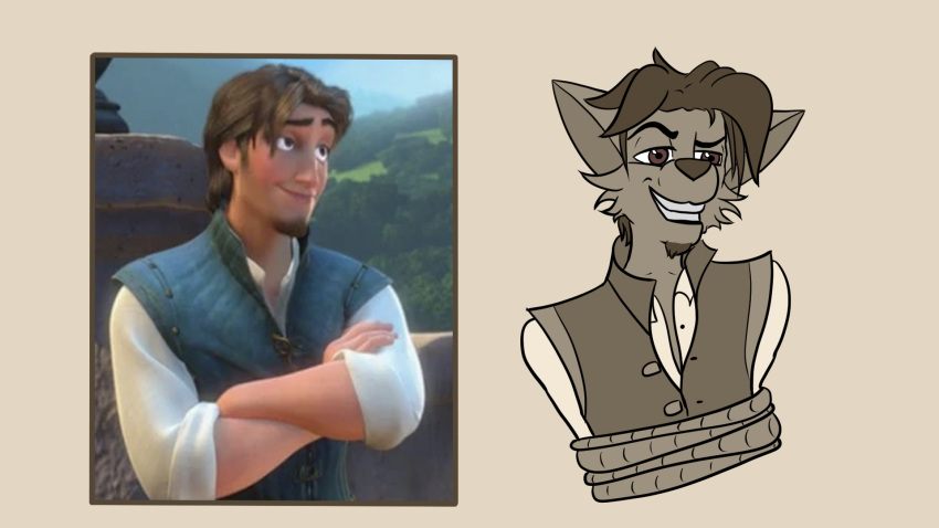 anthro bound canid canine clothing disney disney's_tangled_(film) flynn_rider hi_res male mammal monochrome rope sepia solo topwear vest willitfit