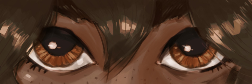 1girl brown_eyes close-up dark-skinned_female dark_skin eye_focus eye_reflection eyelashes freckles league_of_legends magicalsouillon reflection solo taliyah