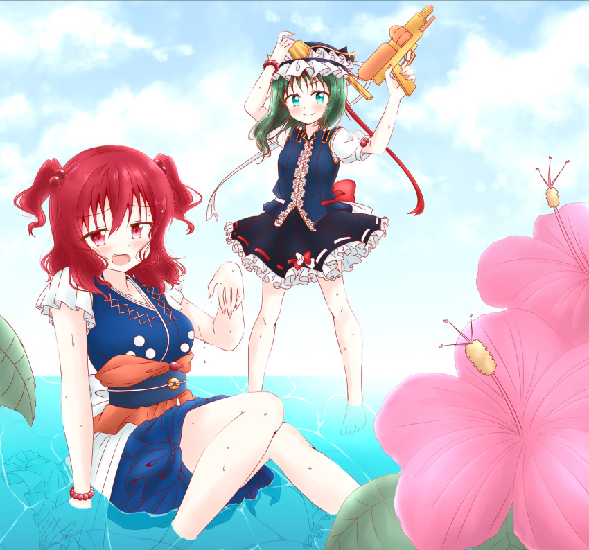 aqua_eyes arms_up asuka_(k-chinatsu-823) asymmetrical_hair blouse blue_vest bow bracelet commentary flower frilled_skirt frilled_vest frills green_hair hair_bobbles hair_ornament hat hat_ribbon hibiscus highres jewelry leaf looking_at_viewer multiple_girls obi onozuka_komachi open_mouth outdoors partially_submerged red_eyes red_hair ribbon ribbon-trimmed_skirt ribbon_trim sash shiki_eiki short_sleeves skirt sky touhou two_side_up vest wading waist_bow water water_gun white_blouse