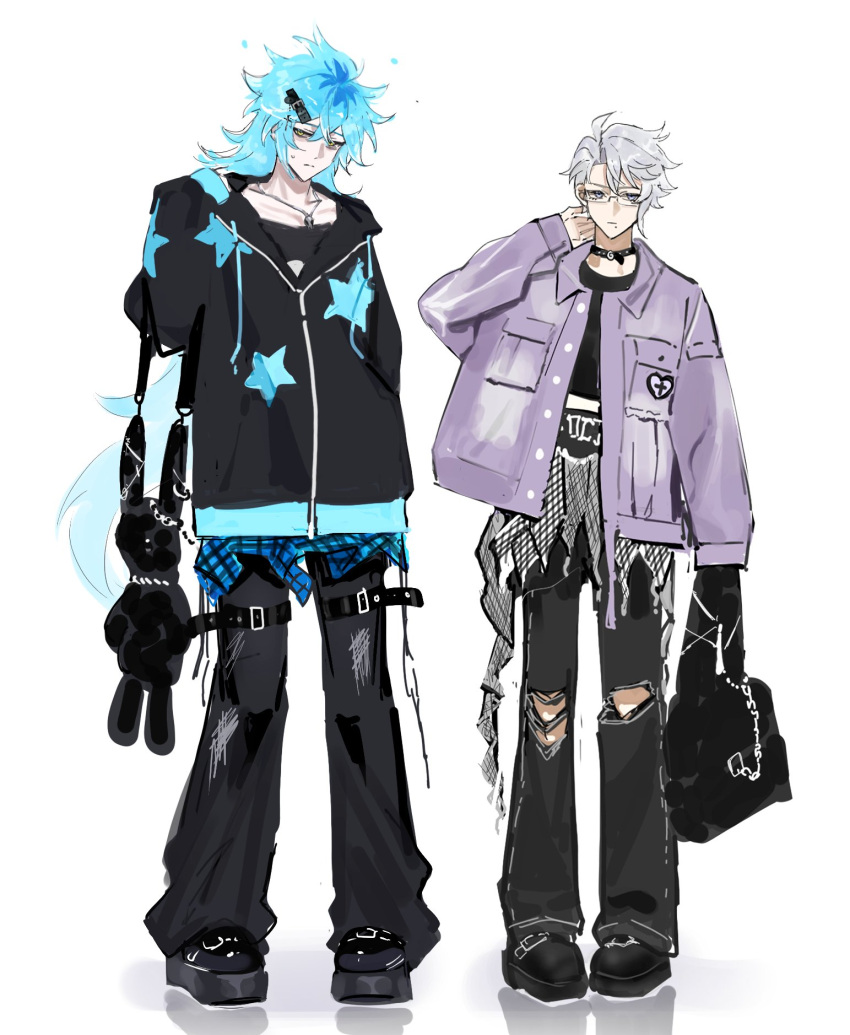 2boys :| alternate_costume animal_bag arm_at_side azul_ashengrotto bag bags_under_eyes belt black_bag black_belt black_choker black_footwear black_hoodie black_pants black_shirt blue_hair choker closed_mouth commentary_request demot_(twst_dm) drawstring fashion frown full_body glasses grey_hair hair_belt hair_between_eyes hand_on_own_neck hand_up highres holding holding_bag holding_strap hood hood_down hoodie idia_shroud jacket jewelry korean_commentary long_hair long_sleeves looking_to_the_side male_focus mole mole_under_mouth multiple_boys necklace open_clothes open_jacket pants platform_footwear purple_eyes purple_jacket rabbit_bag rectangular_eyewear shirt shoes short_hair sideways_glance simple_background skull_necklace standing star_(symbol) star_print sweat thigh_belt thigh_strap torn_clothes torn_pants twisted_wonderland very_long_hair white_background yellow_eyes