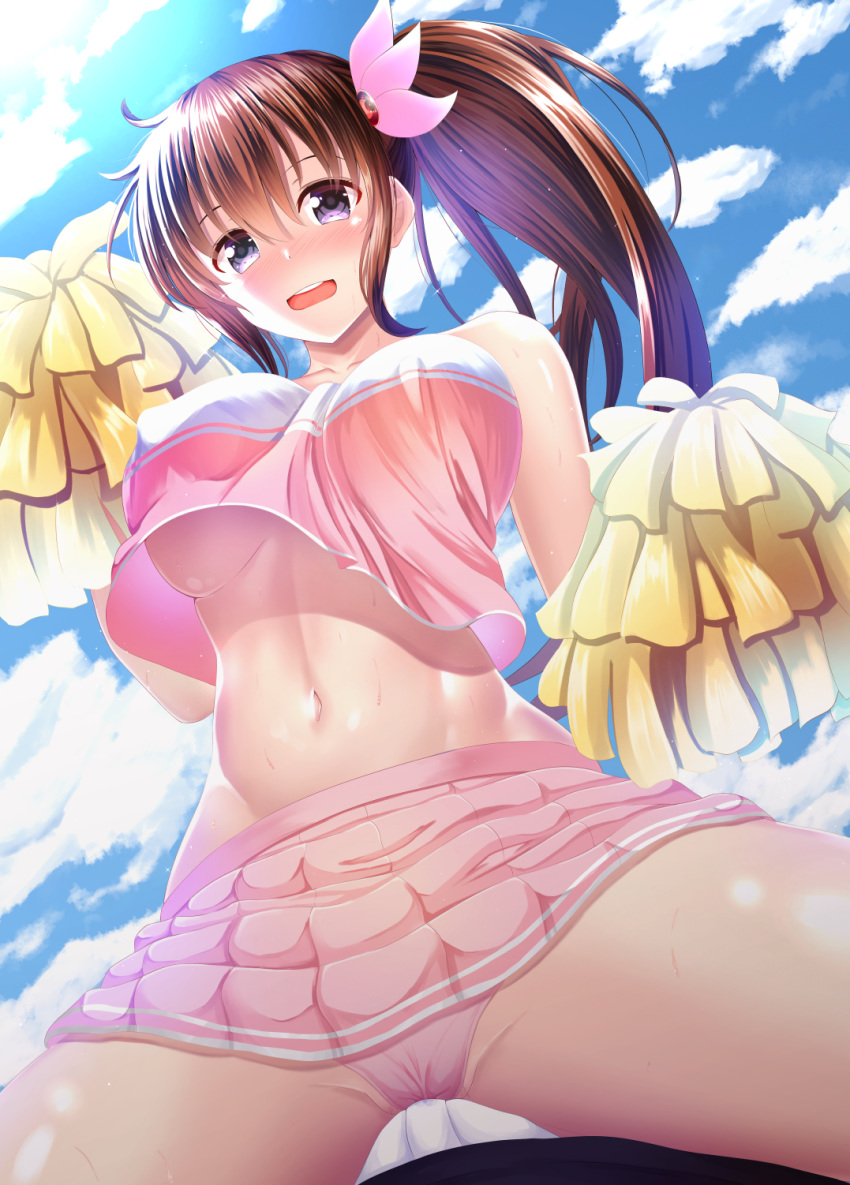 :d alternate_costume alternate_hairstyle bangs bare_arms bare_shoulders blue_sky blush breasts brown_hair bulge cameltoe cheerleader cloud collarbone commentary_request covered_nipples crop_top crop_top_overhang day erection erection_under_clothes from_below girl_on_top groin hair_between_eyes hair_ornament highres kantai_collection kisaragi_(kantai_collection) large_breasts long_hair looking_at_viewer midriff miniskirt navel no_bra older open_mouth outdoors panties pink_panties pink_shirt pink_skirt pleated_skirt pom_poms ponytail pov purple_eyes ribbon shirt side_ponytail sidelocks skirt sky sleeveless sleeveless_shirt smile solo_focus sportswear spread_legs stomach takamichis211 thighs underboob underwear upper_teeth