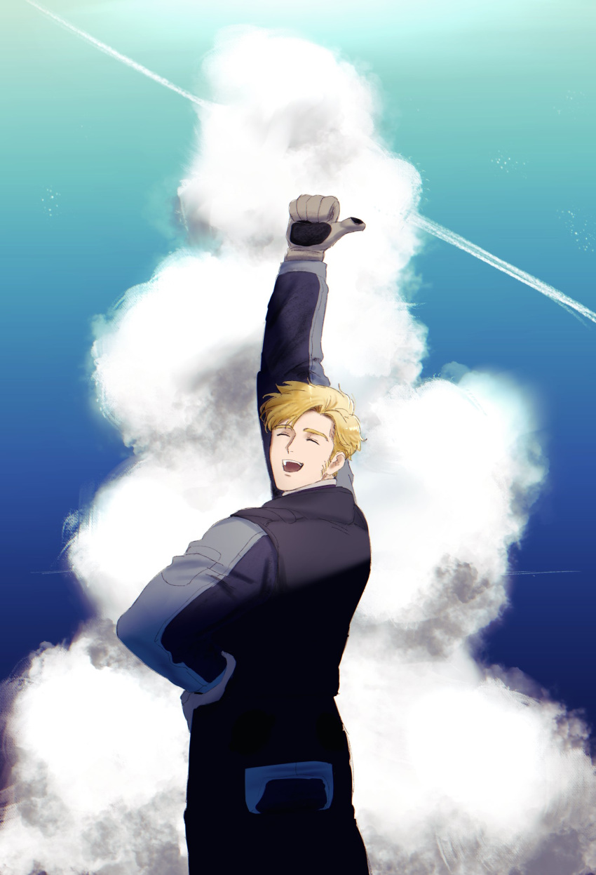 1boy absurdres blonde_hair closed_eyes cloud cloudy_sky cowboy_shot facial_hair fle0423 from_behind gloves goodbye hand_on_own_hip happy highres lewis_smith male_focus shadow sideburns_stubble sky solo spoilers standing stubble sunlight thick_eyebrows thumbs_up yuuki_bakuhatsu_bang_bravern