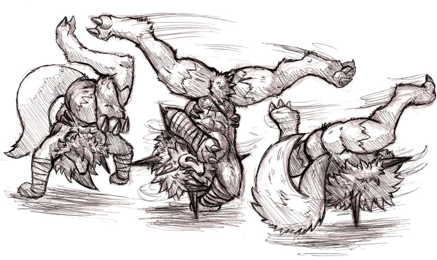 3_fingers abs anthro breakdancing canid canine claws dancing dusk_lycanroc fingers fluffy fluffy_tail generation_7_pokemon genitals hair hi_res jwbash kick kyoto_rex lycanroc male mammal muscular muscular_anthro muscular_male nintendo pokemon pokemon_(species) pokemon_mystery_dungeon simple_background sketch solo spiky_hair spinning tail traditional_media_(artwork) white_background