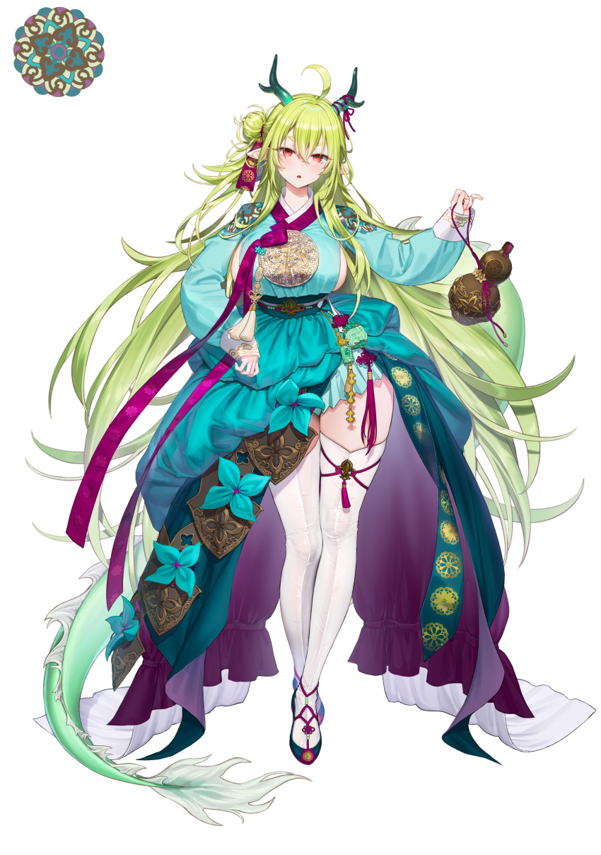 1girl absurdres ahoge branch breasts dress dress_flower full_body gourd grass green_dress green_flower green_hair green_horns green_ribbon green_tail hair_between_eyes hair_bun hair_ribbon hand_on_own_arm hand_on_own_thigh high-low_skirt highres holding_gourd horns korean_commentary large_breasts light_particles long_hair long_sleeves looking_at_viewer medium_breasts multicolored_ribbon obi obijime oohhya original outdoors parted_lips pointy_ears red_eyes red_ribbon ribbon rock sash second-party_source shoes sideboob single_hair_bun sleeves_past_wrists solo squatting tail tassel thighhighs tiptoes toes tomato unworn_shoes very_long_hair white_background white_thighhighs