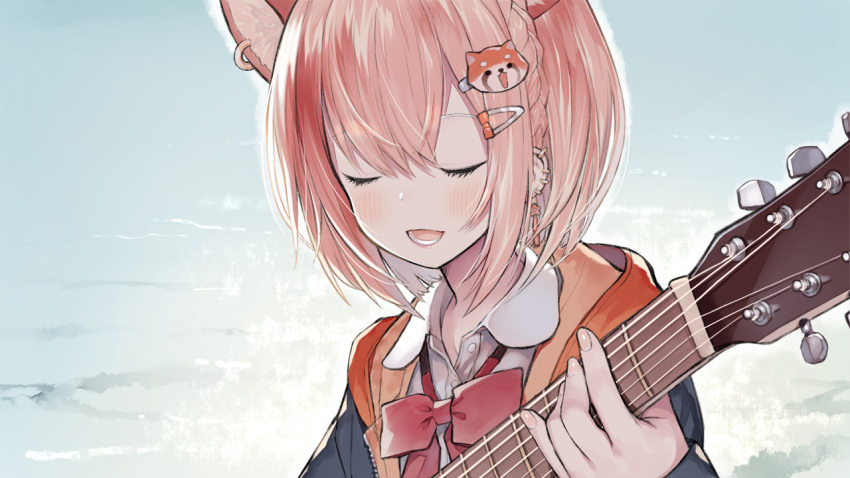 1girl :d animal_ear_fluff black_jacket blush braid brown_hair capriccio closed_eyes collared_shirt commentary_request dress_shirt ear_piercing facing_viewer fingernails guitar hair_between_eyes hair_ornament hairclip hand_up holding holding_instrument hood hood_down hooded_jacket instrument jacket long_sleeves nijisanji open_clothes open_jacket panda_hair_ornament piercing ratna_petit red_panda_ears shirt smile solo virtual_youtuber white_shirt